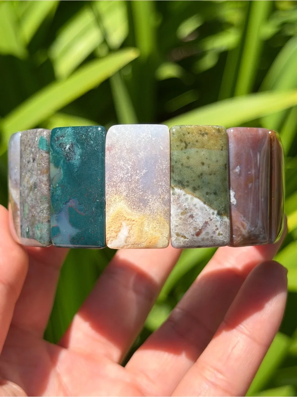 Wide Natural Multi-Color Ocean Jasper Stretch Bracelet Soft Bangle 2033